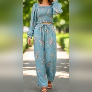 Women's Smocked Chiffon Balloon Sleeve Blouse/ Palazzo Pants 2pc ASH BLUE XS/S